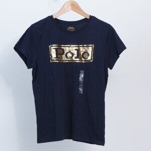 NWT Polo Ralph Lauren Gold Sequin POLO Logo Womens Navy Cotton T-Shirt, Small